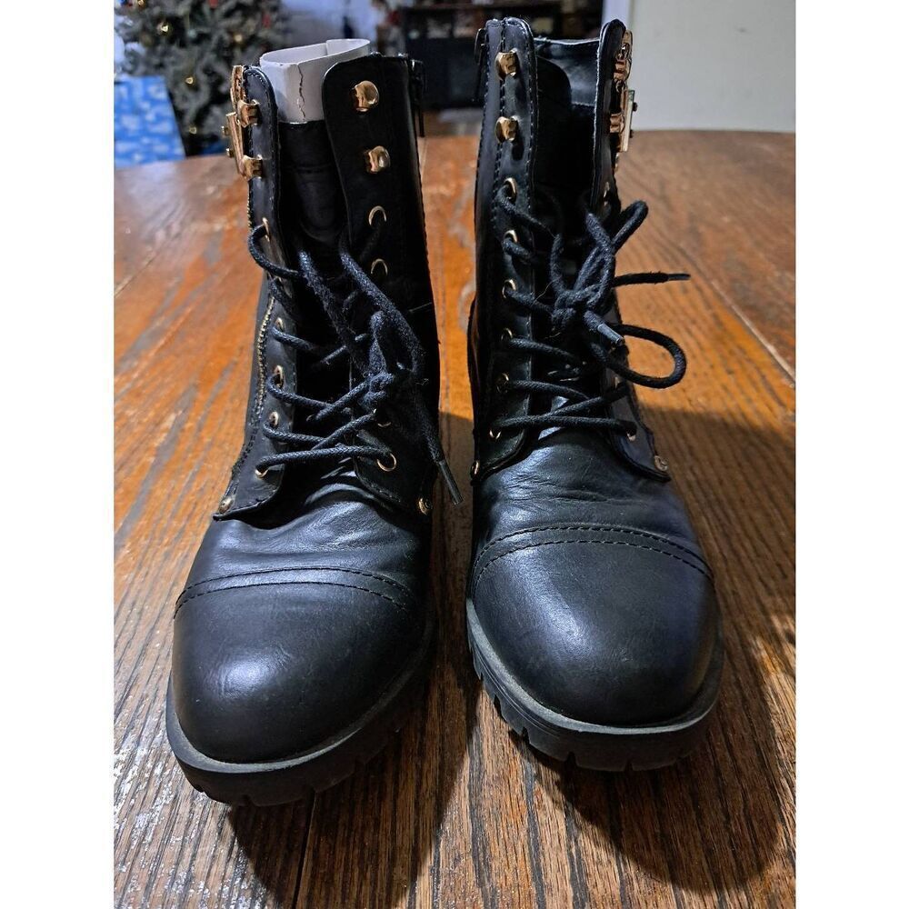 9.5 G by Guess Black Goldtone Lace Up Zip Chunky Heel Combat Boots Ankle Booties - Picture 3 of 7